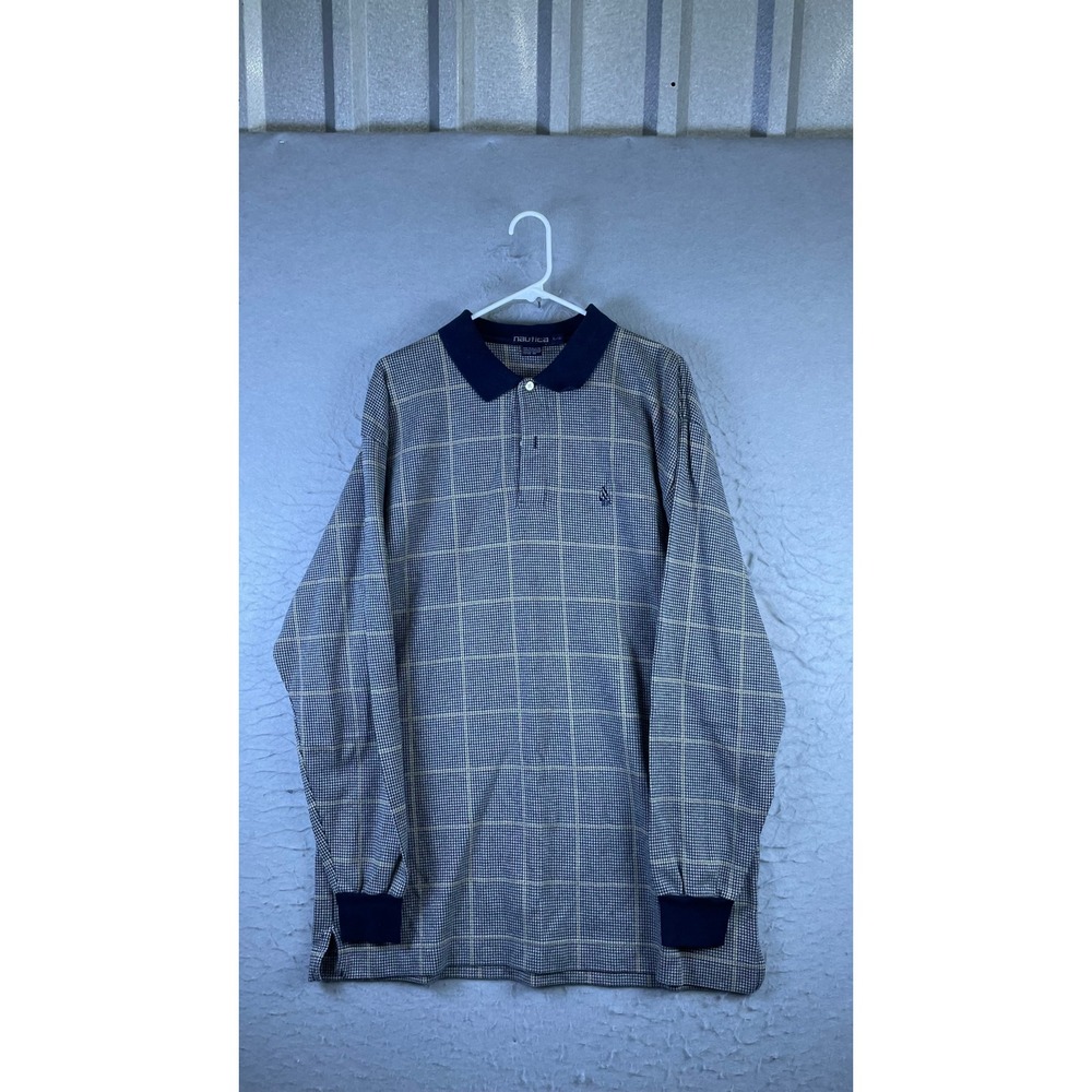Nautica Polo Shirt Mens L Blue Excellent Long Sleeve Houndstooth Plaid Cotton